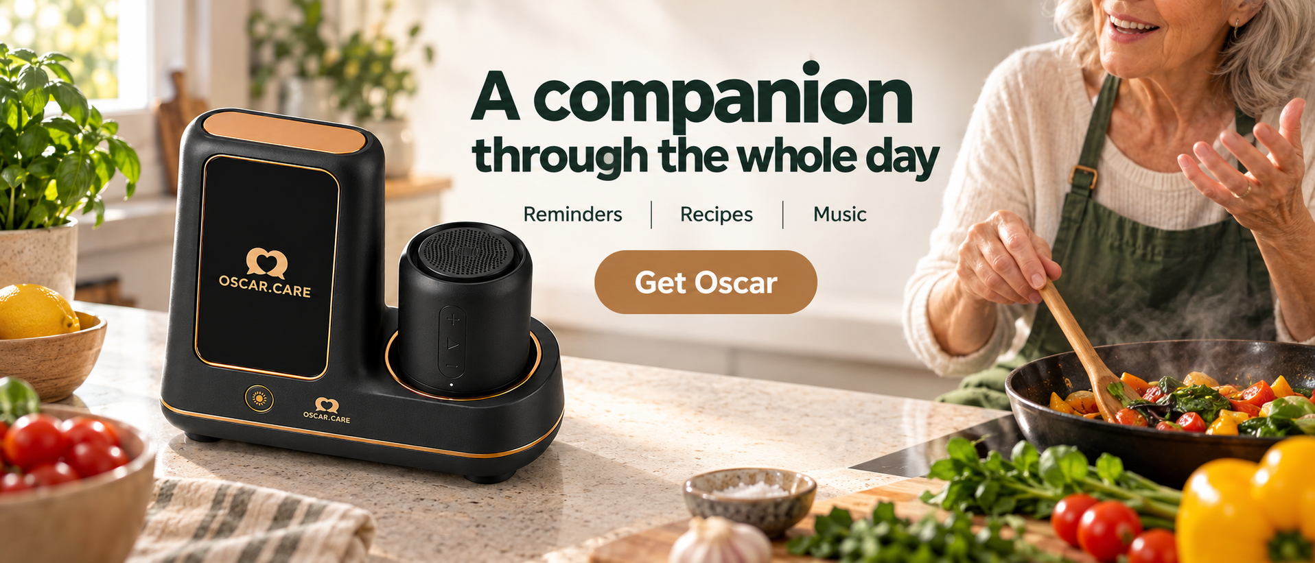 A companion through the whole day — an older woman cooking in her kitchen with Oscar on the counter beside her.