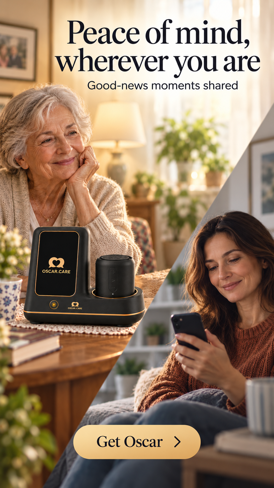 Peace of mind, wherever you are — an older woman at home with Oscar, and her daughter checking the companion app on her phone.
