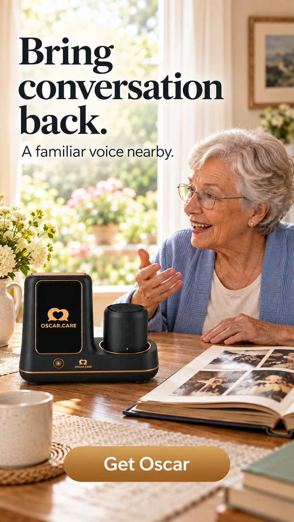 Bring conversation back. A familiar voice nearby — an older woman talking with Oscar at her dining table.