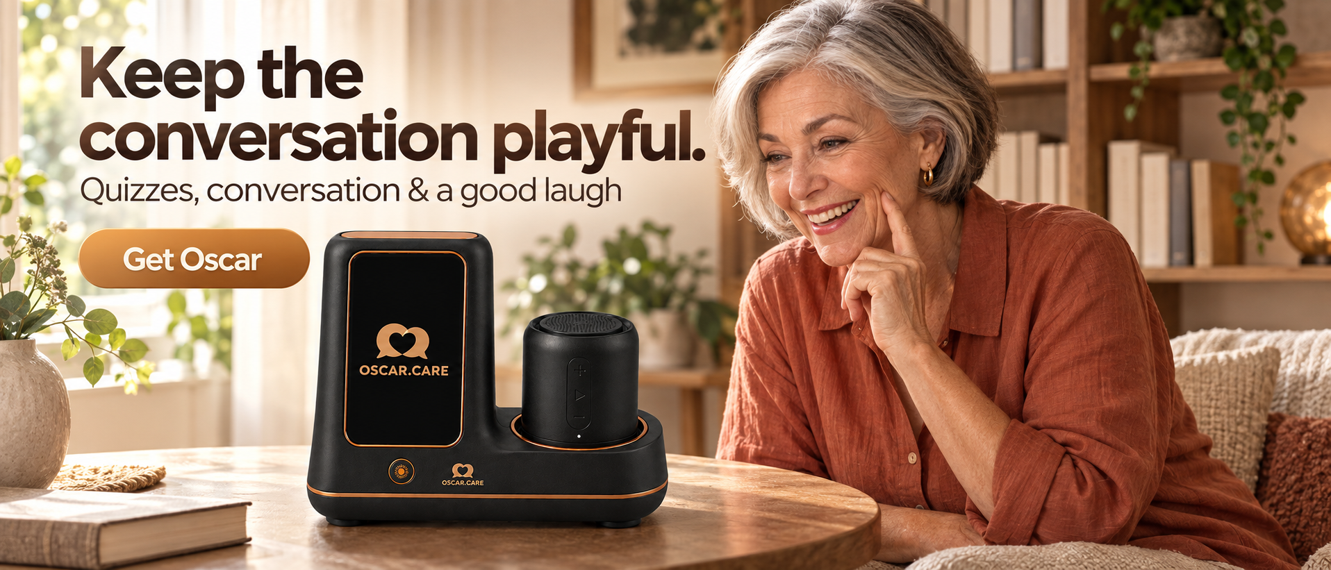 Keep the conversation playful. Quizzes, conversation & a good laugh — an older woman smiling at Oscar on her living room table.