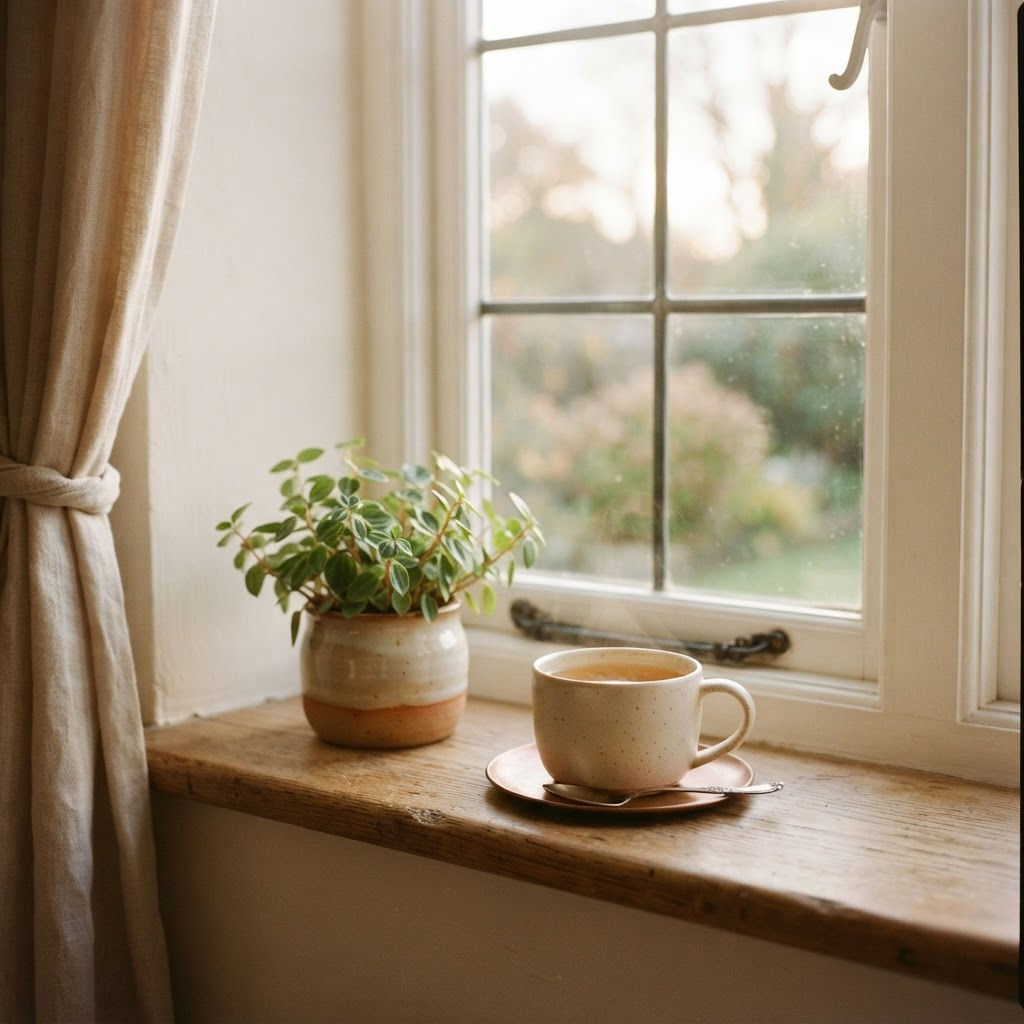 A sunlit windowsill at dawn with a small potted plant and a warm cup of tea.