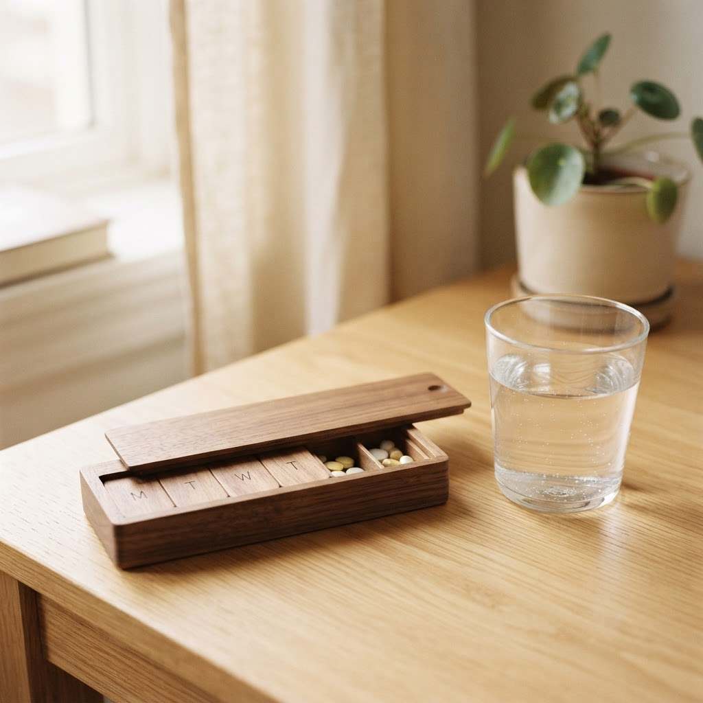 A glass of water beside a wooden weekly pill organizer on a light oak table in soft daylight.