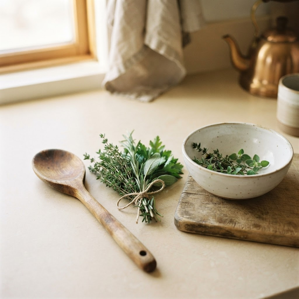 A wooden spoon resting beside fresh herbs and a ceramic bowl on a warm cream kitchen counter.