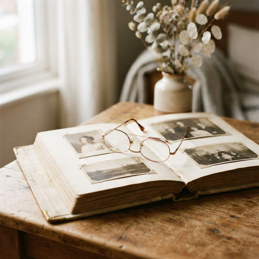 An open vintage photo album with a pair of reading glasses resting on it, on a warm wooden table.