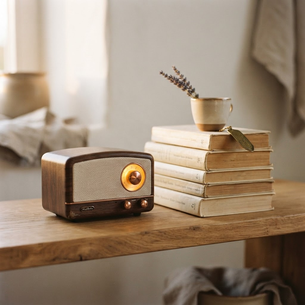 A small vintage-style radio on a wooden shelf beside a stack of books, glowing in warm evening light.