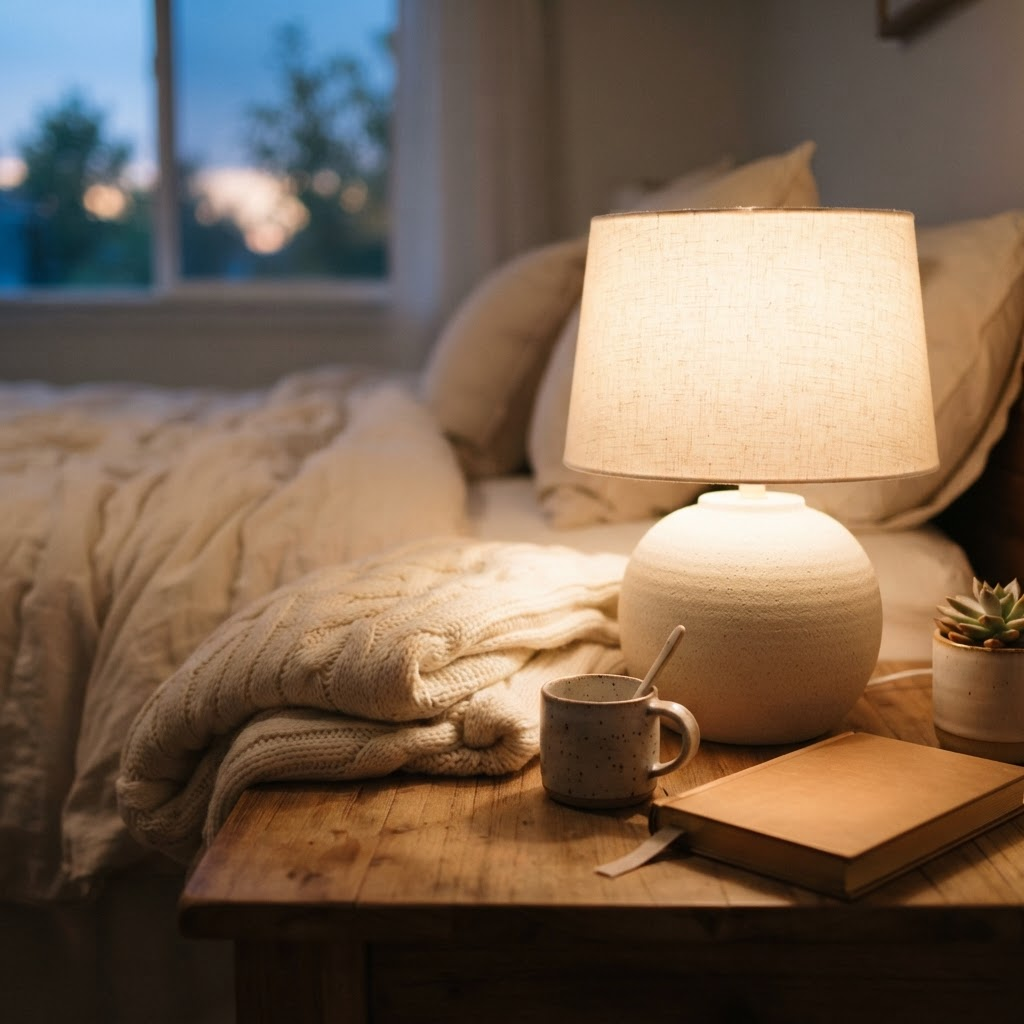 A warm bedside lamp glowing softly at dusk next to a folded knit blanket.