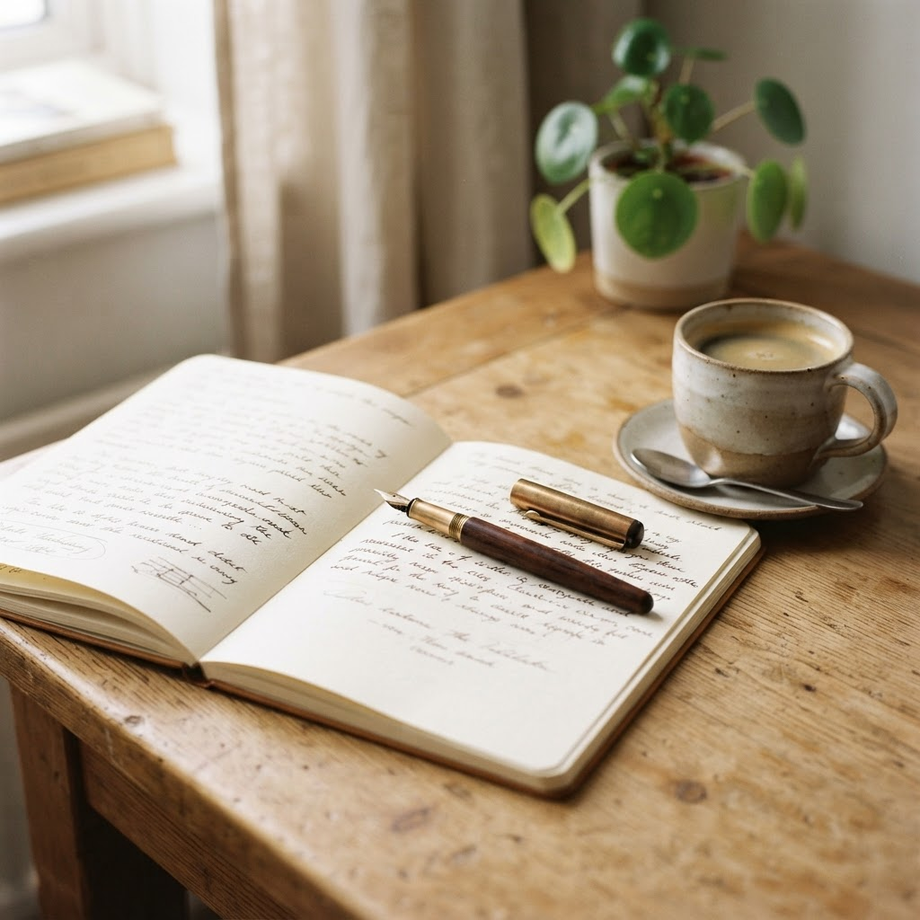 A handwritten note and a fountain pen resting on a warm wooden desk beside a cup of coffee in soft window light.