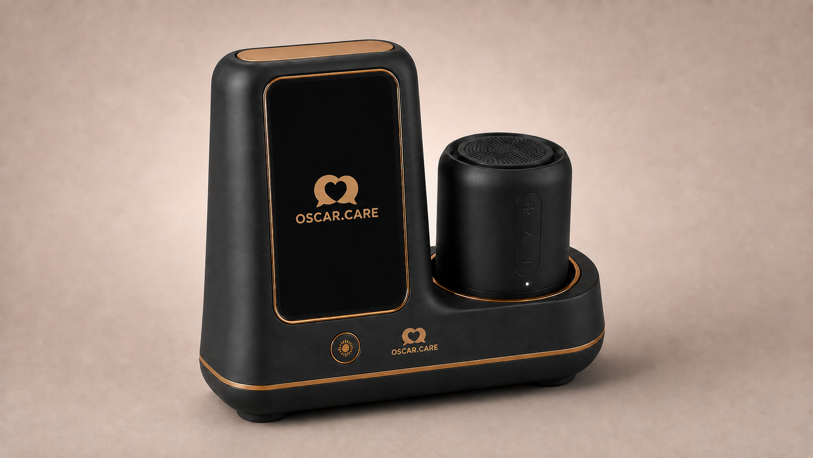Oscar from the left three-quarter angle, highlighting the two copper-gold trim lines along the base.
