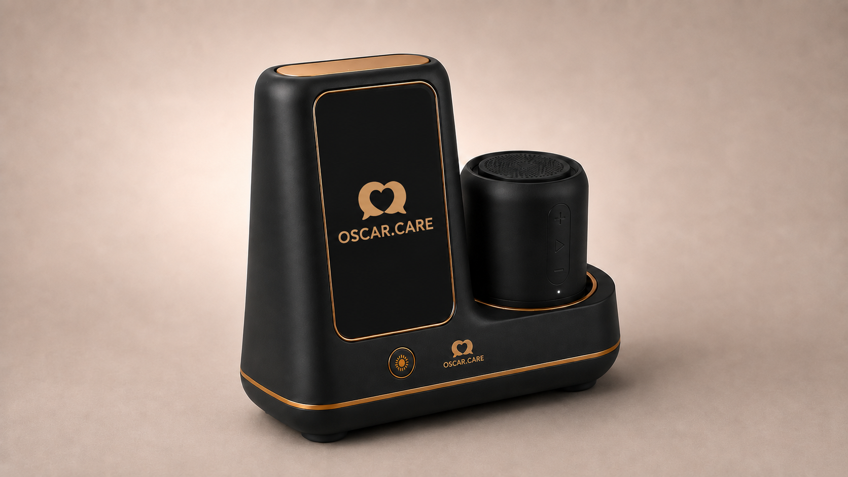 Side view of Oscar from the left, showing the softly tapered profile of the upright display.