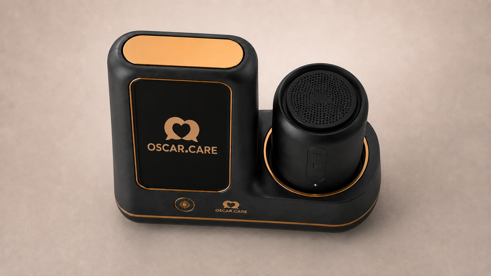 Top-down view of Oscar with the perforated speaker grille and its copper docking ring clearly visible.